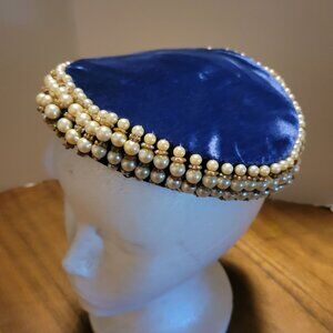 Vintage Clover Lane Blue Velvet Hat With Faux Pearl Trim Midcentury Modern Glam